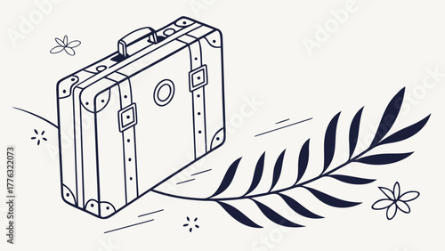 Vintage suitcase ready for adventure surrounded by delicate blossoms and foliage, evoking feelings of wanderlust and travel dreams in a minimalist style