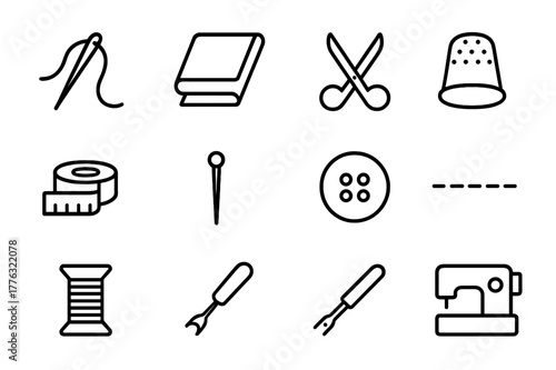 Hand Stitching Icon Set. Hand stitching. Line icon set of hand stitching: needle, thread, fabric fold, scissors, thimble, measuring tape, pin, button, stitch