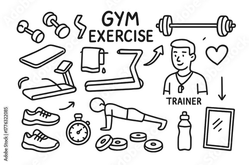 Gym Essentials Doodle. Gym exercise. Hand-drawn doodle illustration gym exercise dumbbells, treadmill, mat, towel, barbell, push-up icon, weights, shoes,