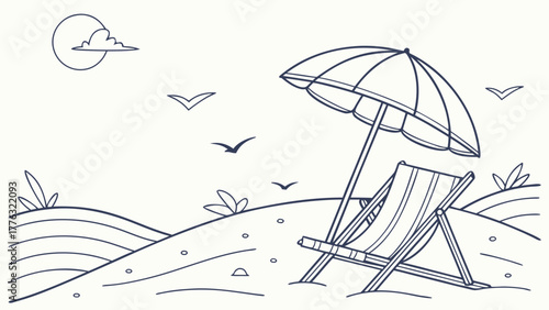 Dreamy beach escape illustration with chair and umbrella, perfect for summer vacation designs and coastal themes, evoking relaxation and tranquility, originally vector