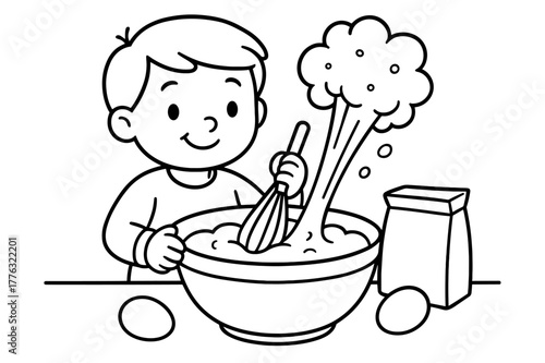 Cake Mixing Fun. Cake mixing scene children?s coloring book illustration, outlined drawing, a bowl of batter with a whisk and fluffy mixture rising above,