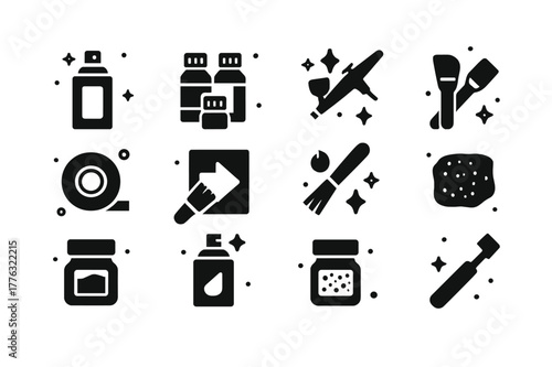 Armor Painting Icons. Armor painting and weathering. Solid icons set of Armor painting and weathering: primer can, acrylic paints, airbrush, paintbrush,