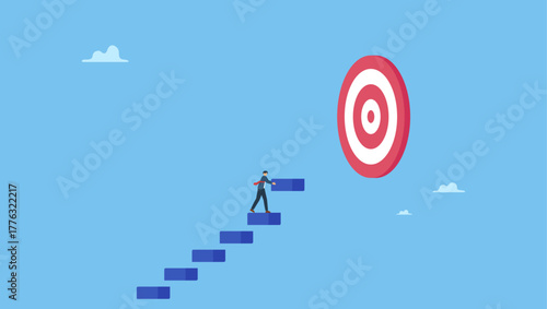 Businessman building stair to reach target. Develop business plan to achieve target, build stair to success or career growth, action plan or effort to reach goal, motivation to reach target.