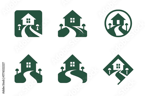 Landscape Logo Variations. Property landscaping and curb appeal. Set Logo of property landscaping and curb appeal: driveway flanked by low pathway lights. Icon