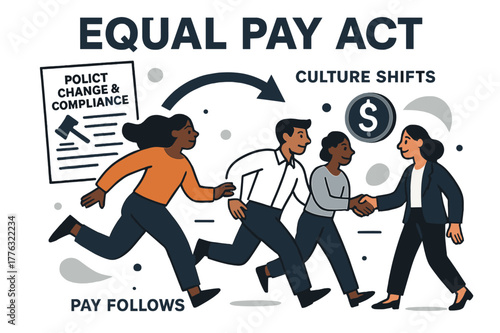 Equal Pay Culture Shift. Policy change & compliance. Law document turns into a workplace poster titled ?Equal Pay Act?; arrows guide from rule to real-world