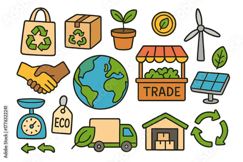 Sustainable Trade Doodles. trade in sustainable and ethical products. Colorful Hand-drawn doodle Children illustration trade in sustainable and ethical