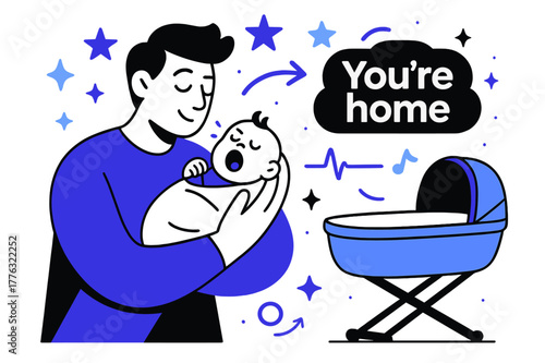 Cozy Newborn Moment. Baby care. A parent cradles a yawning newborn as soft stars drift; ?You?re home? glows above a bassinet. A tiny heartbeat line settles