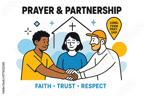 Faithful Unity. Prayer & Partnership. Two local leaders and a visiting team join hands beneath a simple church outline; a pin reads ?Long-Term Partnership.?