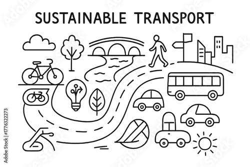 Sustainable Transport Doodles. Sustainable transport. Hand-drawn doodle illustration bike, bridge, river, road, car, bus, walking person, city skyline, leaf,
