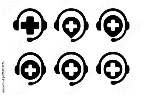 Telemedicine Logo Grid. Telemedicine consultations. Set Logo of operator headset with medical cross: Negative space, Flat solid, Stylized detail, Abstract