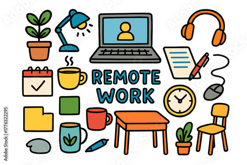 Colorful Remote Work Icons. remote work. Colorful Hand-drawn doodle Children illustration remote work laptop, desk, chair, coffee cup, notebook, pen, plant,