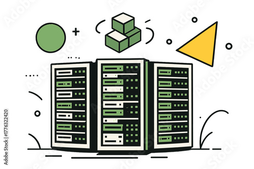 Futuristic Data Center. Server Rack. Wide view of server racks in data center with floating abstract geometric shapes and LED highlights, organized and