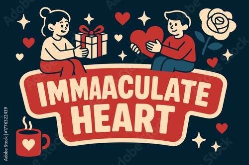 Joyful Banner Display. Immaculate Heart banner, flat vector illustration, bold oversized text inside sticker outline banner, cartoon characters sitting and