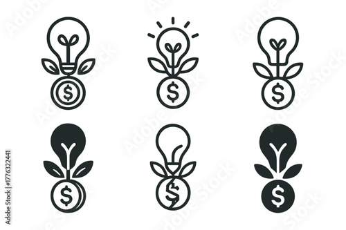 Creative Logo Concepts. Entrepreneurship. Set Logo of Entrepreneurship: lightbulb sprouting from coin. harmonious logo variations of the same emblematic