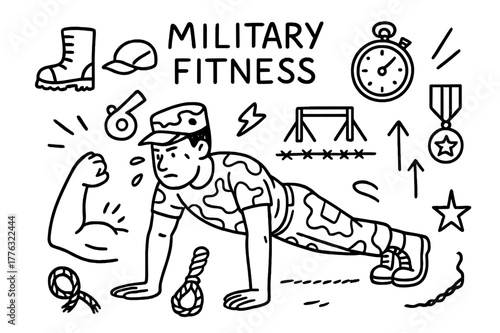 Military Fitness Icons. Military fitness. Hand-drawn doodle illustration military fitness soldier, push-up pose, whistle, stopwatch, boots, hat, obstacle