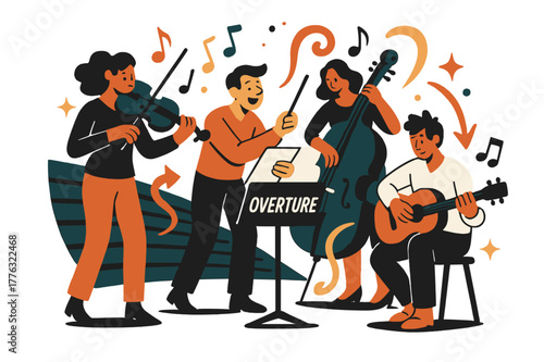 Amphitheater Overture Scene. Amphitheater ? Live Musicians. A small ensemble tunes beside the stage; notes and rhythm dots coil upward. Label ?overture? glows