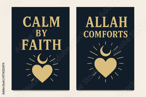 Divine Comfort Banners. Tranquil Heart. Two vertical A6 banners with safe margins, centered composition, no elements touching edges, bold, navy and gold, heart