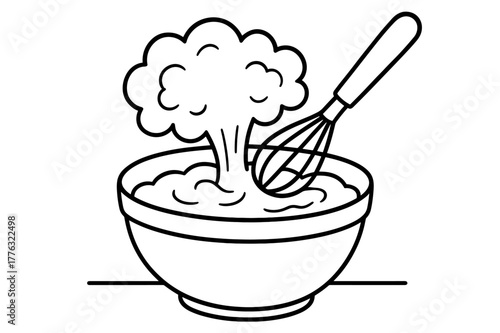 Cake Mixing Fun. Cake mixing scene children?s coloring book illustration, outlined drawing, a bowl of batter with a whisk and fluffy mixture rising above,