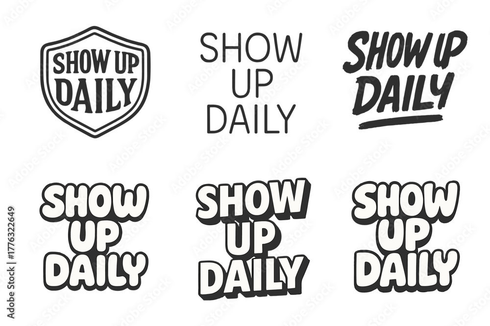Obraz premium Harmonious Lettering Variations. Show up daily. Set lettering. harmonious lettering variations of the same emblematic concept, each with different artistic