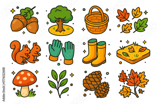 Colorful Forest Foraging Icons. Forest foraging. Colorful isometric vector icons set of forest foraging: acorns, oak tree, basket, fallen leaves, squirrels,