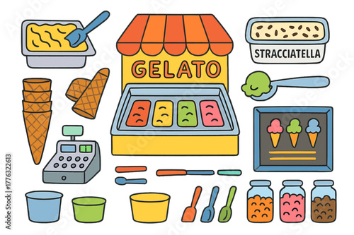 Colorful Gelato Shop. Gelato shop. Colorful Hand-drawn doodle Children illustration Gelato shop gelato pans, spade scoop, display case, pistachio scoop,