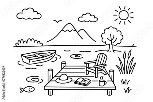 Tranquil Lakeside Doodle. Dock by the lake. Hand-drawn doodle illustration wooden dock, lake, boat, chair, tree, clouds, sun, ripple, fish, bird, mountain,