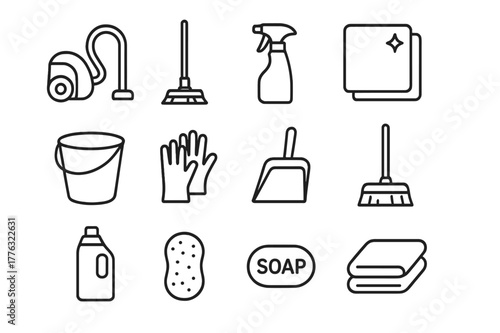 Home Cleaning Icons. Home cleaning. Line icon set of home cleaning: vacuum cleaner, mop, spray bottle, cleaning cloth, bucket, gloves, dustpan,