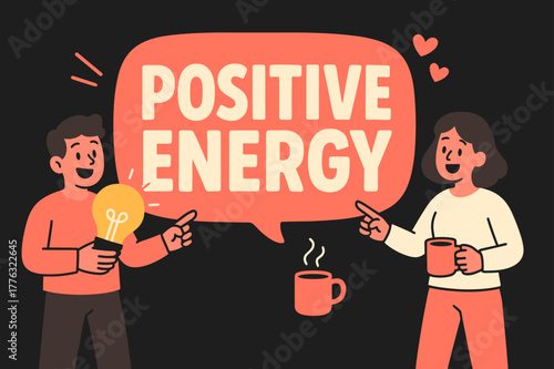 Energetic Banner Design. Positive energy banner, flat vector illustration, bold oversized text inside rounded blob, cartoon characters standing and pointing