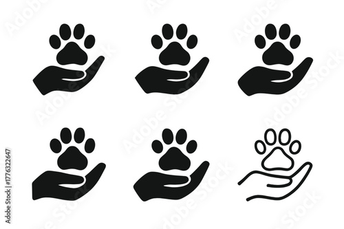 Pet Adoption Logos. Pet adoption services and advocacy. Set Logo of Pet adoption services and advocacy: volunteer hand holding paw. Icon set. harmonious logo