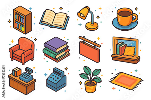 Cozy Bookstore Icons. Cozy bookstore. Colorful isometric vector icons set of cozy bookstore: bookshelf, open book, reading lamp, coffee cup, armchair, book