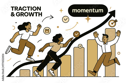 Growth Momentum Scene. Pitch Deck ? Traction & Growth. Bars and curves soar upward; milestone icons pulse at key dates. Label ?momentum.? glows at peak. Modern