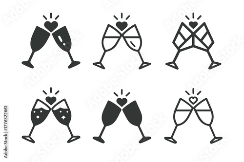 Valentine's Icon Set. Valentine?s Day celebrations and gifts. Set Logo of Valentine?s Day celebrations and gifts: clinking champagne flutes with heart sparkle.