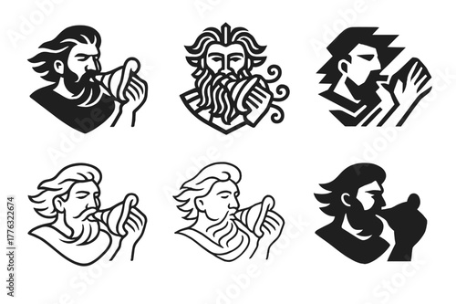 Divine Wind Logos. A god controlling the winds and the storms. Set Logo of A god controlling the winds and the storms: conch shell blowing powerful winds. Icon