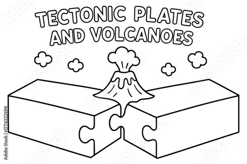 Tectonic Adventure Coloring. Tectonic plates and volcanoes children?s coloring book illustration, outlined drawing, two simple puzzle-piece plates meeting with