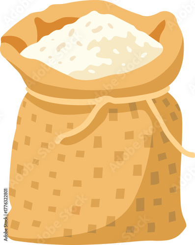 Generous burlap sack overflowing with fine white flour, ready for baking delicious bread and pastries