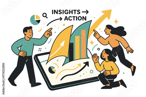 Dynamic Data Visualization. Data-driven decision making. Charts burst from a tablet like sails catching wind; ?Insights > Action? arrows sweep forward.