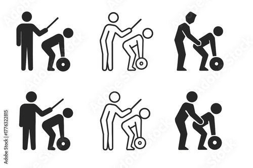Fitness Logos Grid. Fitness coach demonstrating proper form for exercises like deadlifts. Set Logo of fitness coach demonstrating proper form for exercises