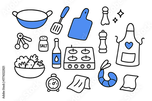 Doodled Kitchen Essentials. // Kitchen setup. Hand-drawn doodle illustration Kitchen setup [wok (accented), spatula (accented), cutting board (accented),