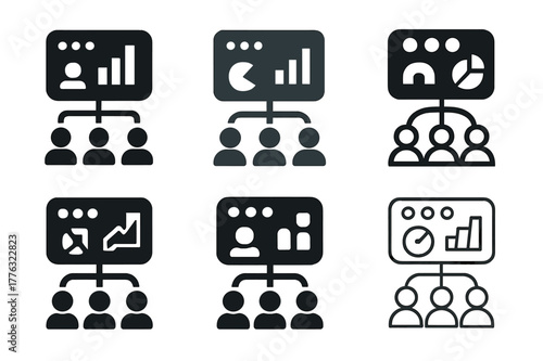 Marketing Emblem Variations. Managing marketing teams and campaigns. Set Logo of Managing marketing teams and campaigns: marketing dashboard with connected