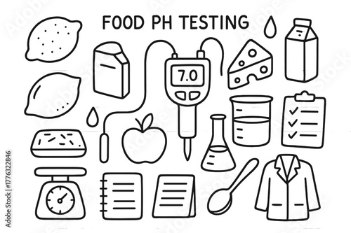 Food pH Testing Icons. Food pH testing. Hand-drawn doodle illustration Food pH testing lemon, milk carton, cheese slice, test tube, droplet, probe, digital