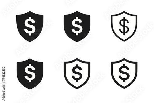 Responsible Finance Logos. Paying off debts and credit obligations. Set Logo of responsible finance: shield protecting dollar. Icon set. harmonious logo