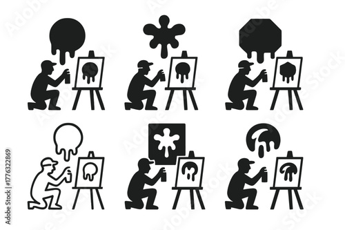 Street Art Logos. Street artist working on artwork. Set Logo of Street artist working on artwork: dripping paint splash symbol. Icon set. harmonious logo