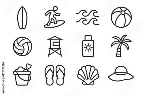 Coastal Activity Icons. Coastal activities. Line icon set of coastal activities: surfboard, surfer, waves, beach ball, volleyball, lifeguard tower, sunscreen