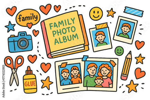 Family Album Doodles. Family photo album. Colorful Hand-drawn doodle Children illustration Family photo album scrapbook, stickers, camera, hearts, Polaroid