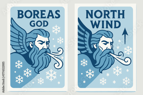 Boreas North Wind Banners. North Wind Monarch. Two vertical A6 banners with safe margins, centered composition, no elements touching edges, flat vector design,