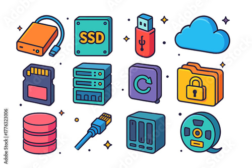 Colorful Data Storage Icons. Digital data storage. Colorful isometric vector icons set of Digital data storage: external hard drive, SSD, USB flash drive,