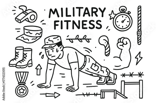Military Fitness Doodles. Military fitness. Hand-drawn doodle illustration military fitness soldier, push-up pose, whistle, stopwatch, boots, hat, obstacle