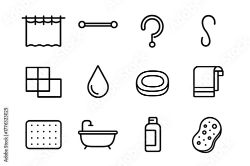 Bathroom Icon Set. Shower curtain ring. Line icon set of shower curtain ring: shower curtain, curtain rod, ring, hook, bathroom wall, water droplet, soap,