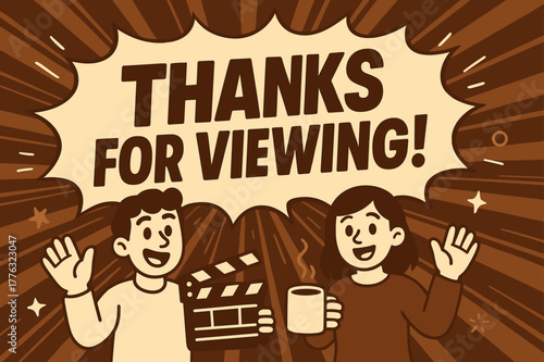 Comic Banner Extravaganza. Viewers banner, comic burst, bold oversized text inside banner, cartoon characters standing and waving, holding clapper board and