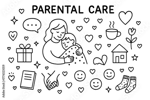 Parental Care Doodle. Parental Care. Hand-drawn doodle illustration Parental Care mom comforting child, hugging, heart, speech bubbles, cup of tea, blanket,